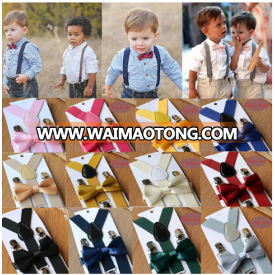 Children Kids Boys Girls Solid Color Clip-on Suspenders Elastic Adjustable Braces With Cute Bow Tie